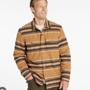 Men's Heavyweight Flannel Shirt Traditional Fit Striped Button Up Tan Blue Large